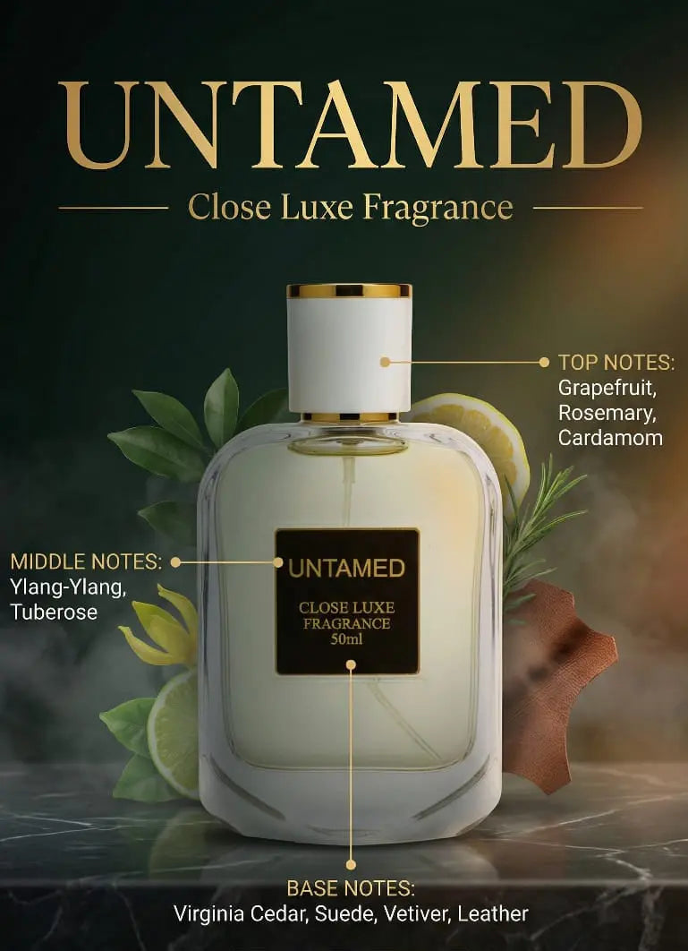 Untamed perfume bottle with gold label, surrounded by citrus, rosemary, and fragrance note details.