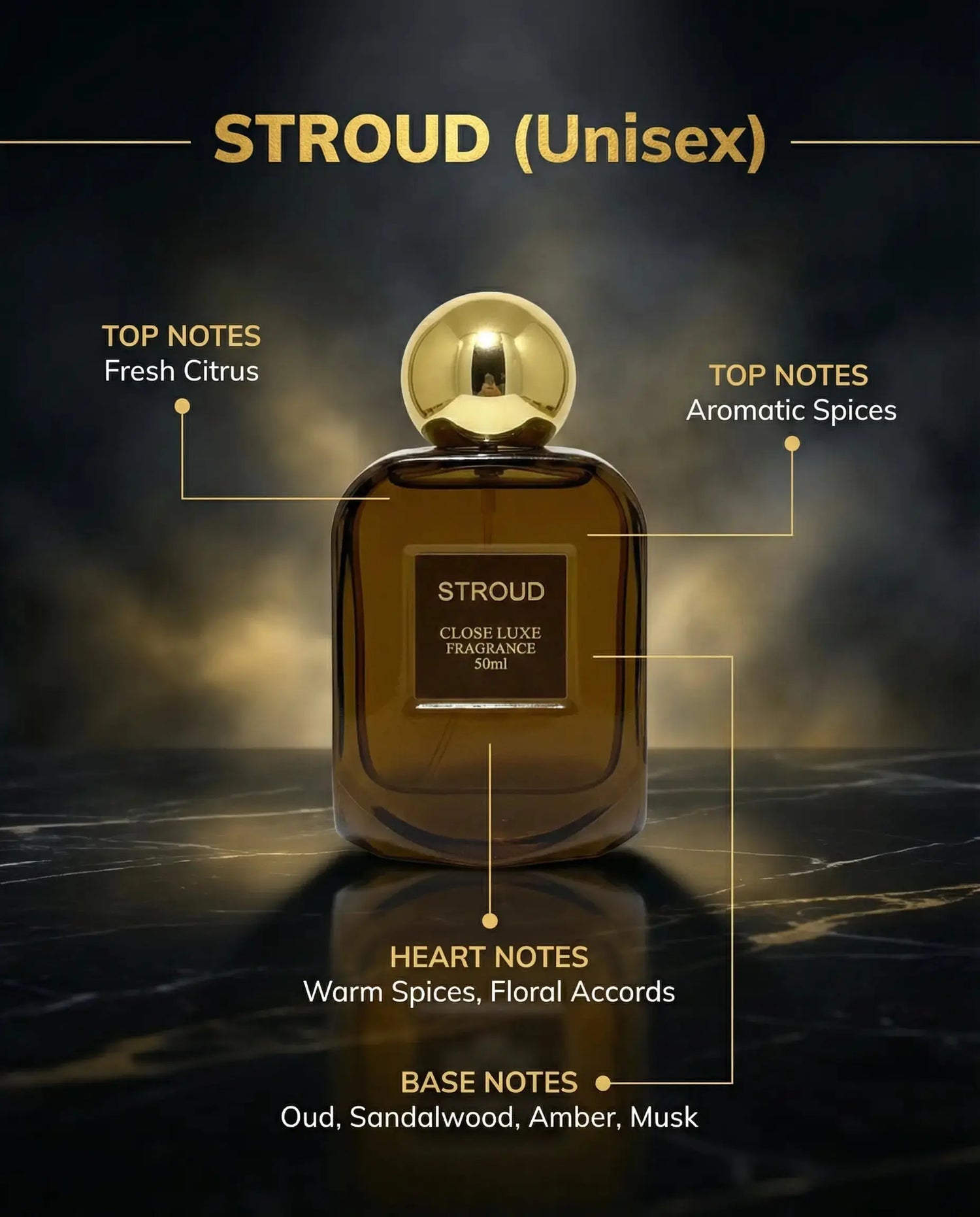 Stroud unisex perfume bottle with gold cap, notes of citrus, aromatic spices, oud, sandalwood, amber, musk.