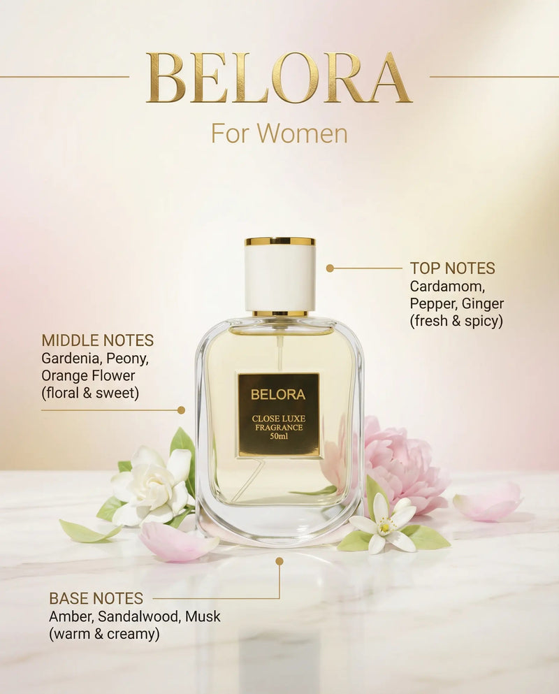 BELORA — Luxury Perfume for Women | Soft • Floral • Spicy • Warm Amber