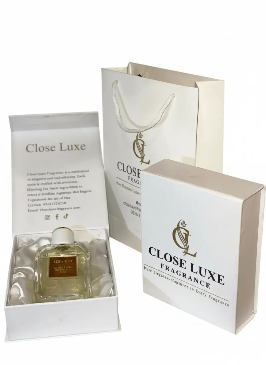Close Luxe perfume bottle with packaging on a white background