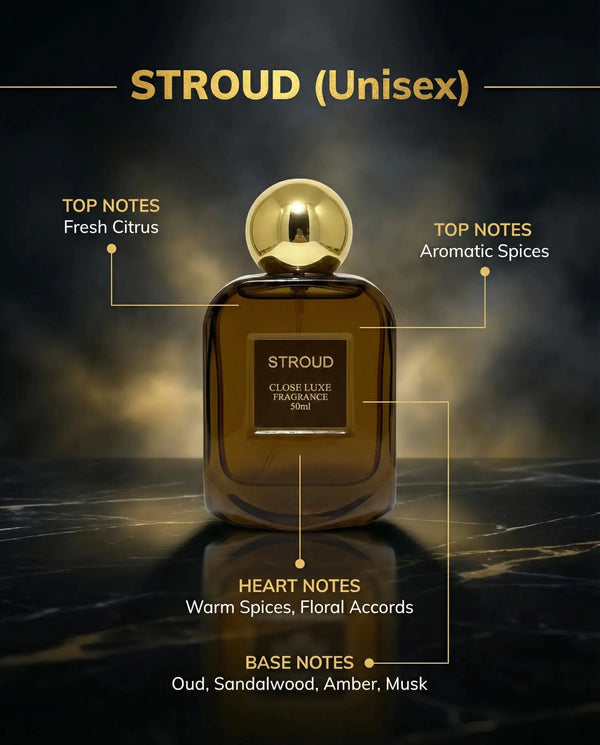 Stroud unisex perfume bottle with noted fragrance layers: citrus, spices, oud, sandalwood, amber, musk.